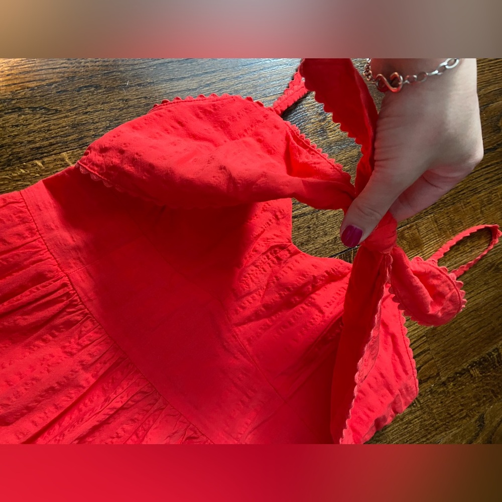 💃🏻tie front midi dress vibrant coral red adjustable straps cotton blend summer M - Picture 7 of 15